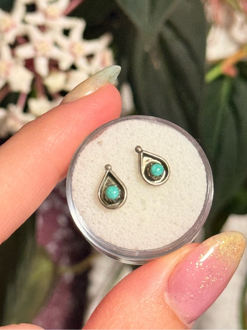 Vintage Southwestern Teardrop Shadow Box Turquoise Stud Earrings Sterling Silver
